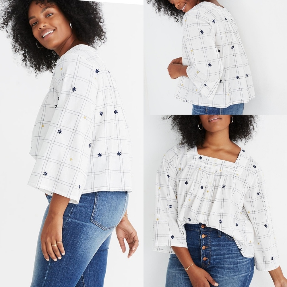 Madewell White Plaid Blouse with Blue and Yellow Accents